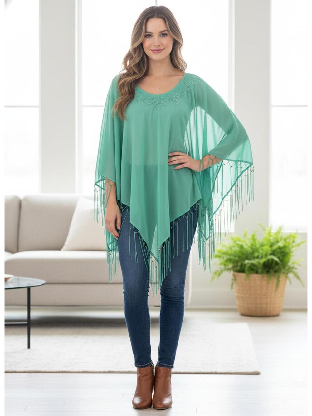 Zero Zero Woman Mint Green Sheer Poncho Top with Fringe